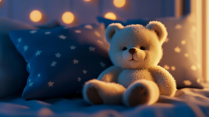 Fototapeta premium Soft white teddy bear rests on a cozy bed surrounded by soft blue hues and warm glowing lights in a serene nighttime setting
