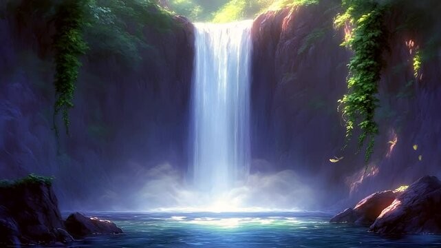 Majestic waterfall cascading into crystal-clear pool surrounded by sunlit lush greenery. Seamless looping time-lapse animation video background  

