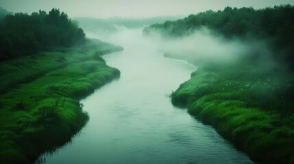 Fototapeta premium Ethereal Fog in a Misty Green Landscape