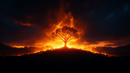 A glowing tree rising from ashes