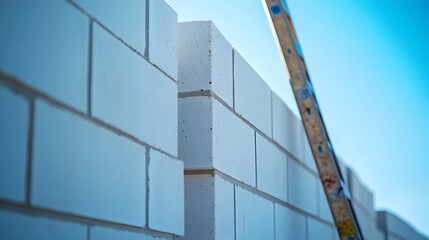 Obraz premium Eco-friendly white aerated concrete blocks being constructed, showing a close-up view 