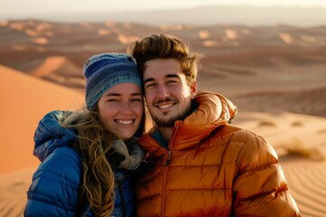 Fototapeta premium Portrait of a joyful caucasian couple in their 30s donning a durable down jacket isolated in serene dune landscape background