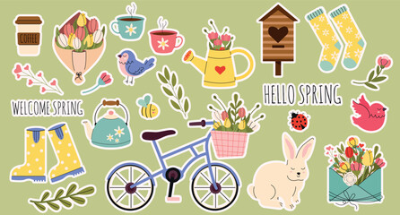Big vector horizontal Welcome Spring sticker set in hand drawn style. Cute springtime doodle design with birds, bike, flowers, birdhouse, bunny, leaves. Hello spring collection in flat style.