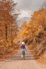 Young woman enjoying a peaceful walk on a scenic autumn road, surrounded by vibrant foliage and a distant mountain view
