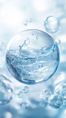 Clear water bubble floats in calm surface creating ripples and reflections in a serene, abstract background featuring soft light