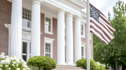 American flag waving outside brick building