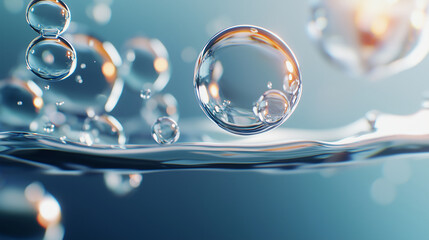 Oxygen Bubbles Rising in Blue Mineral Water