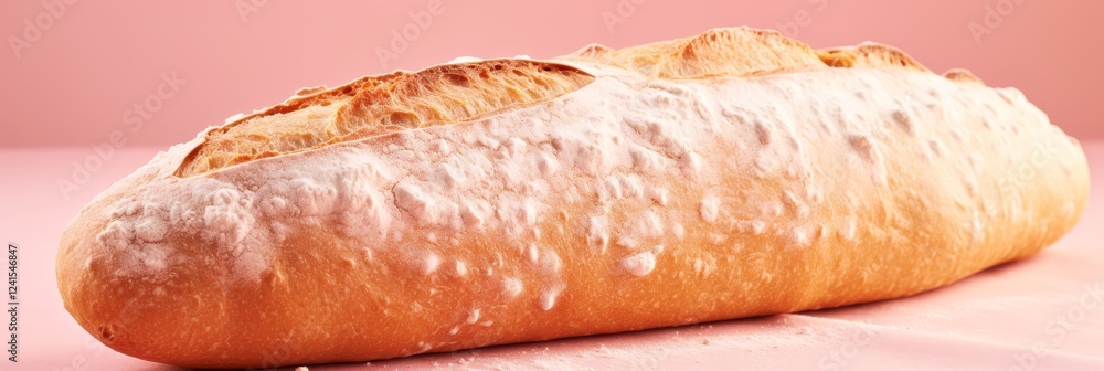 Poster artistic display of a baguette on a soft pink background with light cream and brown tones