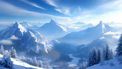 Beautiful winter alpine landscape with snow covered mountains and blue sky. AI Generative