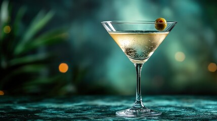 Martini cocktail glass resting on bar with olive and bubbles in tropical setting