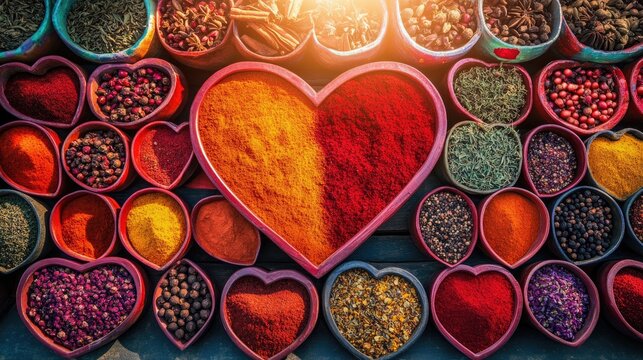 A colorful market stall with Valentinea??s spices and herbs arranged in bowls that form a symmetrical heart-shaped pattern