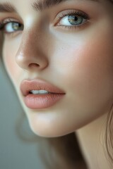 Fototapeta premium Beautiful woman showing perfect skin and makeup, close up portrait emphasizing natural beauty