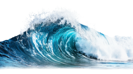 Big blue ocean wave breaking with transparent background