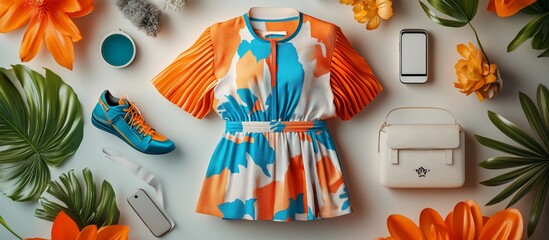 Obraz premium Colorful summer outfit flat lay featuring vibrant dress, shoes, and accessories surrounded by flowers