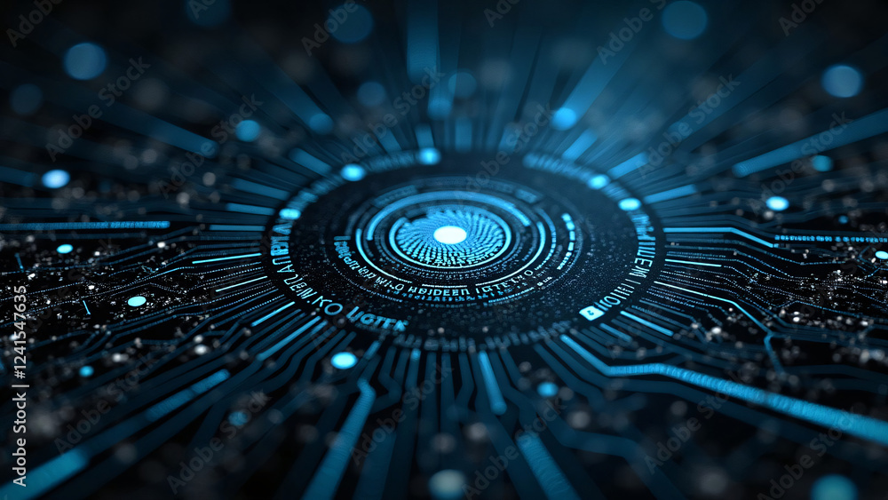 Poster blueprint of an electronic circuit board with digital design and technology elements
