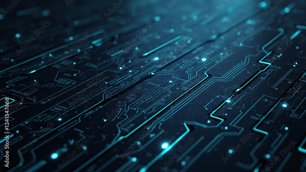 Poster blueprint of an electronic circuit board with digital design and technology elements