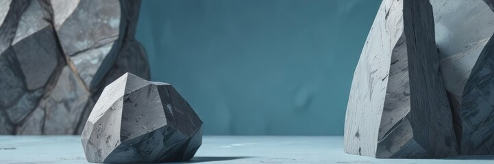 Dark grey stone formation against a light blue abstract background with subtle texture and geometric patterns, geometric patterns, cosmic scenes, geological formations