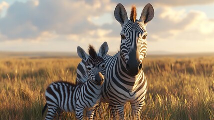 Fototapeta premium A Zebra Mother and Calf in a Golden Savanna Sunset