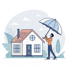 Businessman holding an umbrella with a house floating in the sky, symbolizing protection, safety, and insurance in a 3D concept illustration