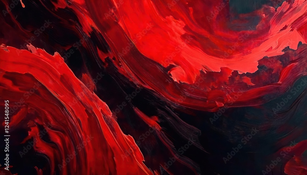 Poster abstract red fluid motion with black highlights, dynamic flow pattern resembling molten lava or blood, dramatic visual texture

