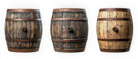 Obraz premium Antique wooden barrels in various finishes displayed against a white background showcasing craftsmanship and history