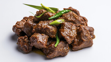 Fototapeta premium Delicious spicy beef dish garnished with green chilies and herbs
