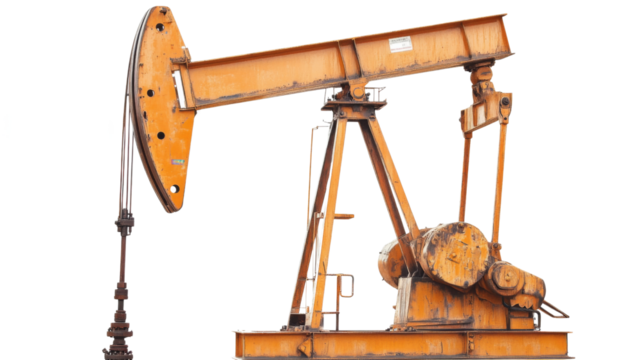 Rusty oil pump jack on transparent background