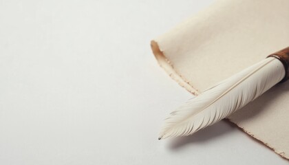 A vintage feather quill rests on a textured sheet of parchment, evoking a sense of classic writing and historical craftsmanship.