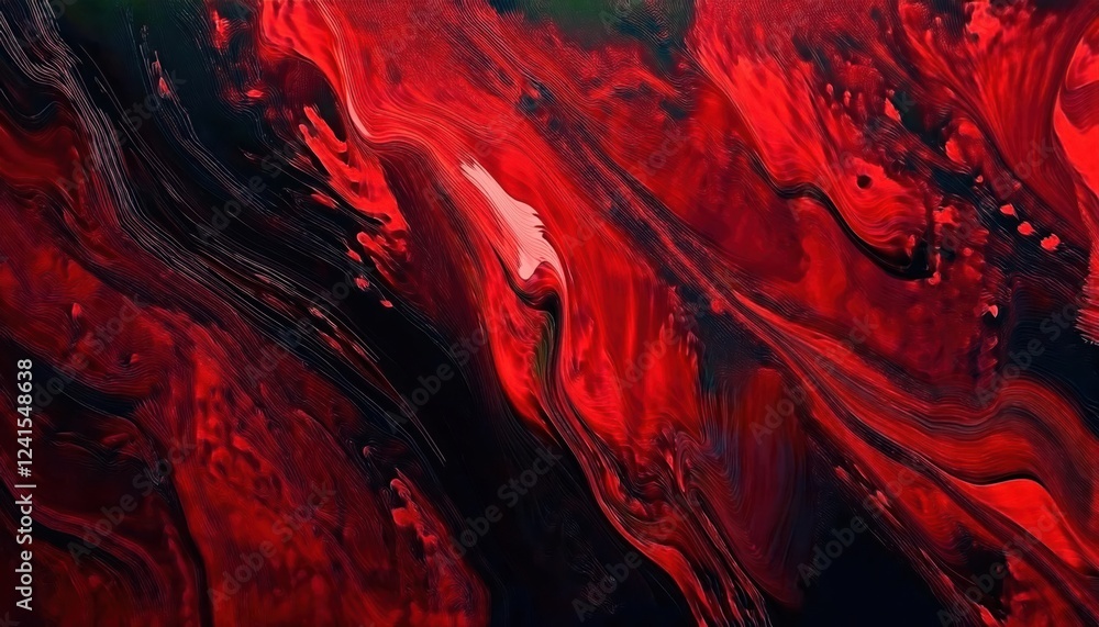 Poster abstract red fluid motion with black highlights, dynamic flow pattern resembling molten lava or blood, dramatic visual texture

