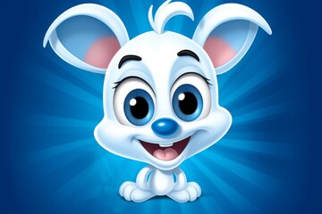 Obraz premium Cute cartoon bunny with gray outline and white spots on baby blue background with shading details