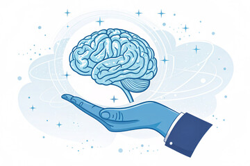 3D rendered illustration of a human brain with detailed anatomy and medical symbols representing intelligence and neurology