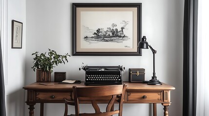 Vintage typewriter on wooden desk with framed landscape drawing, lamp, and plants in a home office.
