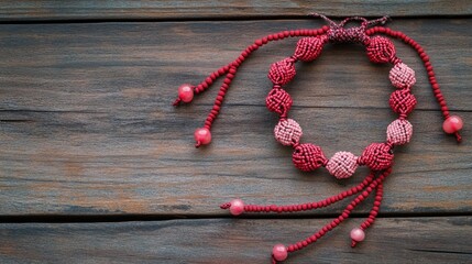 A cozy and artistic flat-lay of DIY knotted friendship bracelets in shades of red and pink with delicate beadwork