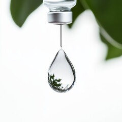 Clear Water Droplet Under Glass Vial with Green Leaf Background Reflecting Nature's Beauty and Purity