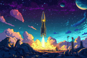Obraz premium Spaceship launches from vibrant planet with rocky peaks, pink clouds, and starry night backdrop