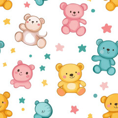 Colorful teddy bears and cartoon clouds seamless pattern on white background, perfect for baby items