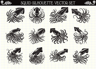 Squid Silhouette Black Color Sea Animal Clipart for Logos and Designs