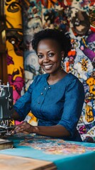 A smiling Kenyan woman in her mid-30s sits at an old sewing machine
