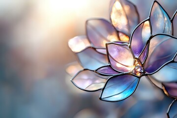 Delicate glass lotus flower with iridescent petals in soft blue and purple hues against blurred background, creating ethereal artistic composition.
