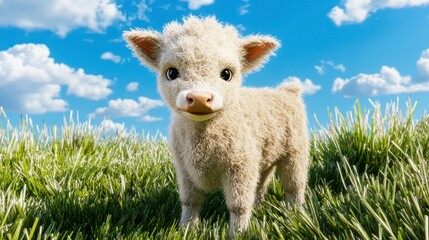 Obraz premium Adorable Cute Baby Animal in Green Field with Bright Blue Sky and Fluffy White Clouds