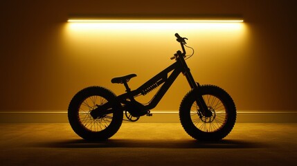 Fototapeta premium Black Fat Bike Silhouette Against Yellow Lit Background in Minimalist Interior Space