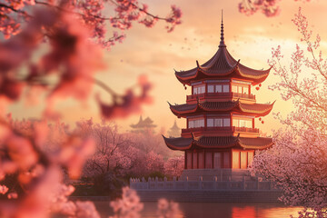 Obraz premium Pagoda among cherry blossoms at sunset