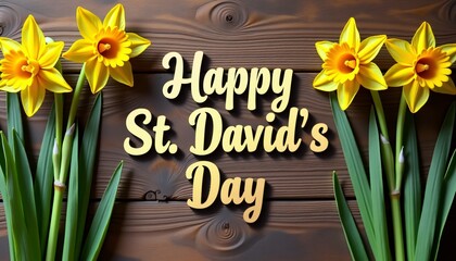 St. David’s Day greeting with daffodils on rustic wooden background