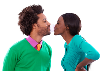 Love, kiss and bubblegum with a black couple, happy and romance isolated on a transparent background. People, fashion and man with black woman, romantic and png with candy, sweet and blowing bubbles