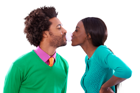 Love, kiss and bubblegum with a black couple, happy and romance isolated on a transparent background. People, fashion and man with black woman, romantic and png with candy, sweet and blowing bubbles