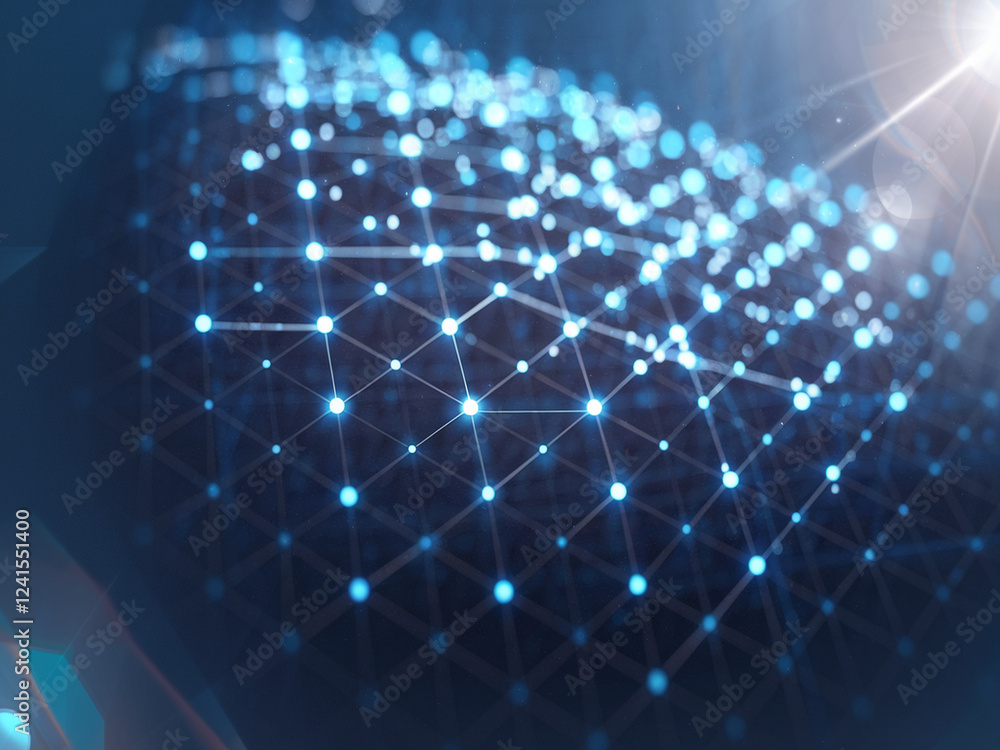 Poster futuristic network visualization with glowing blue and white nodes connected by luminous lines. set 