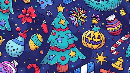 A collection of doodles centered around holidays: Christmas trees, Easter eggs, Halloween pumpkins, Thanksgiving turkeys, and New Year's fireworks, with festive and playful designs