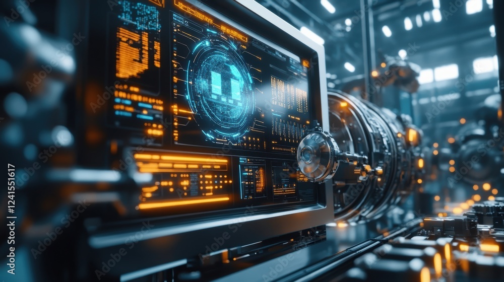 Poster futuristic computer interface controlling production process in innovative manufacturing facility, s