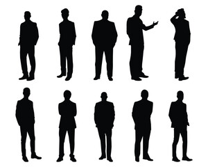 Silhouettes of Businessman character in different poses. Business man in formal suit standing front, back, rear, side view, pointing, thinking. Vector black illustrations on white background