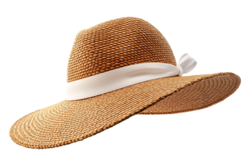 Elegant woven straw hat with a white ribbon bow, isolated on a transparent background. Close-up of a stylish summer accessory, ideal for fashion, travel, or vacation themes.
